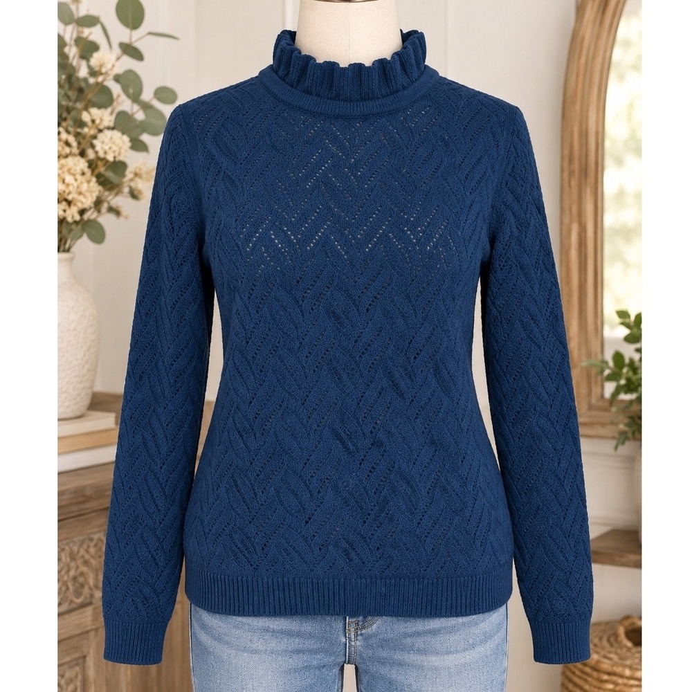 Talbots Petite Blue Knit Ruffle Mock Neck Sweater Size P Cotton Wool Blend NWT
